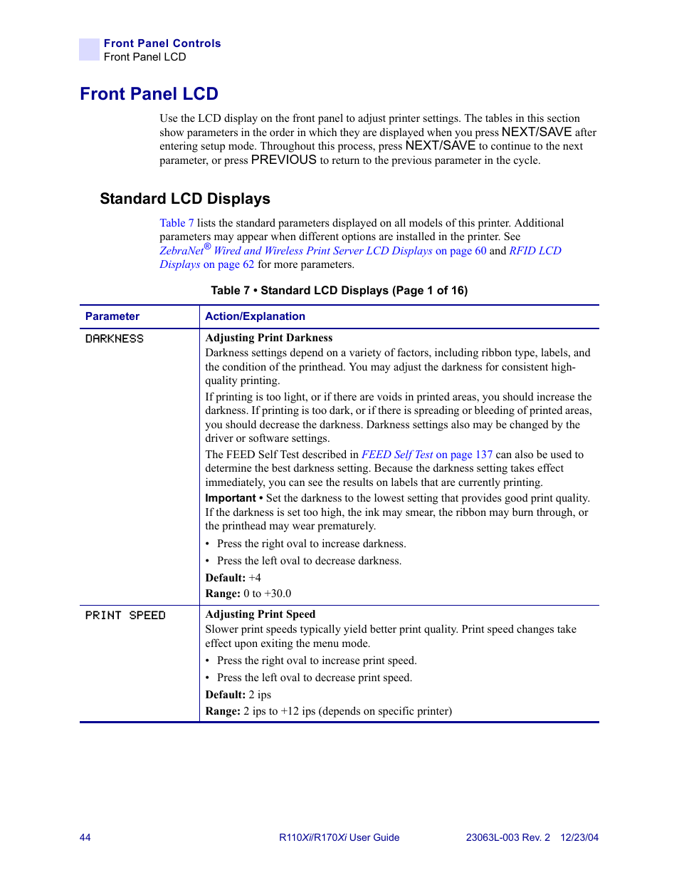 Front panel lcd, Standard lcd displays | Zebra Technologies R170XiTM User Manual | Page 56 / 184