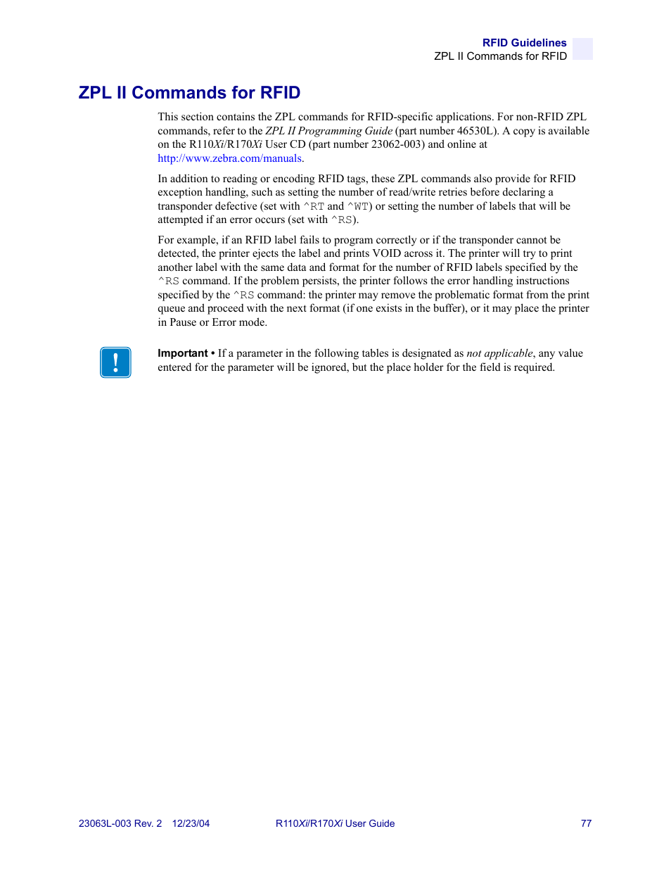 Zpl ii commands for rfid, Zpl ii commands for | Zebra Technologies R170XiTM User Manual | Page 89 / 184