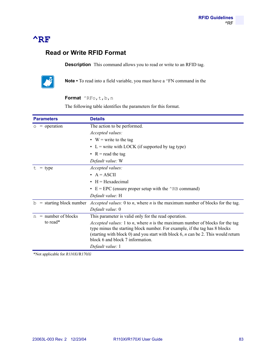Read or write rfid format | Zebra Technologies R170XiTM User Manual | Page 95 / 184