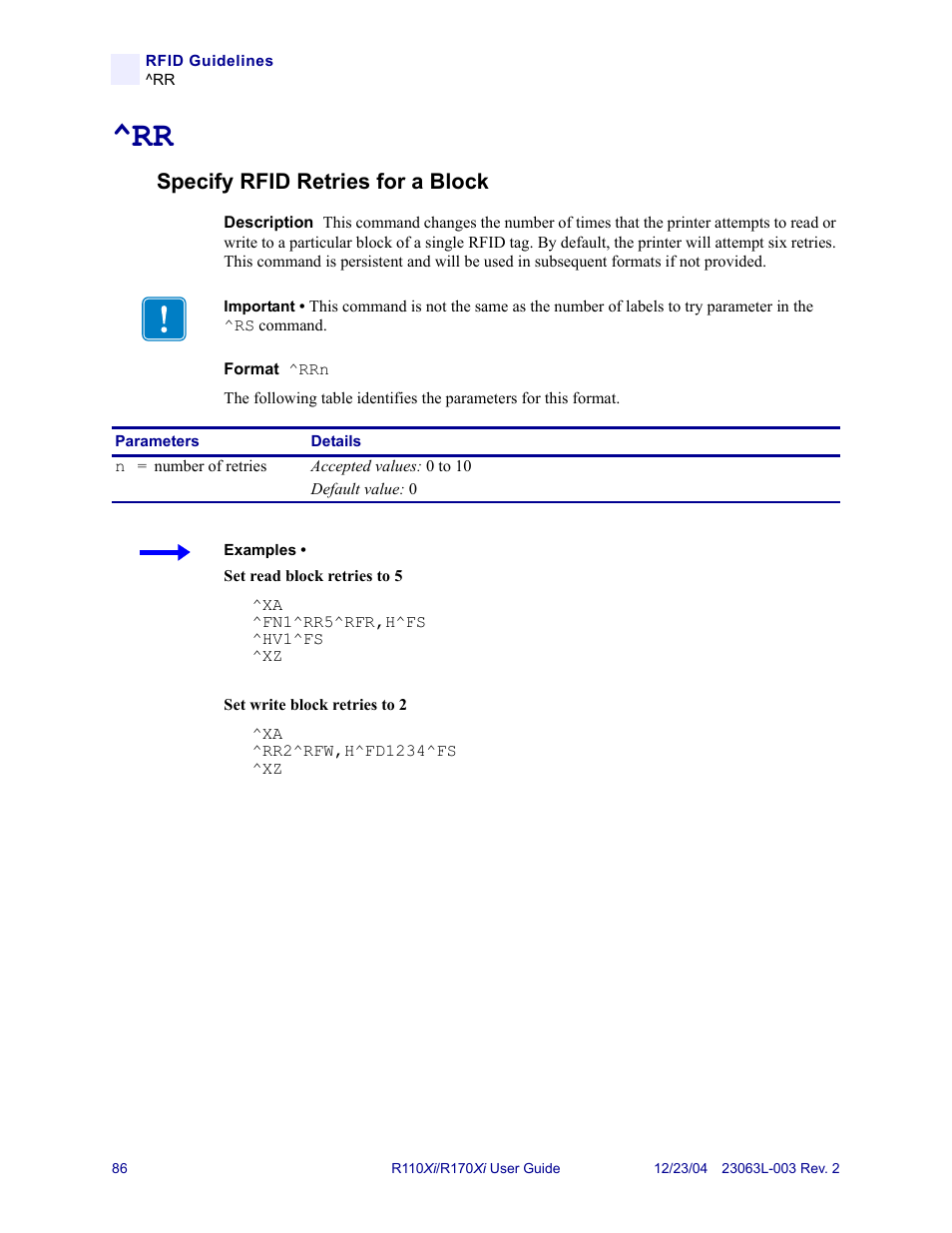 Specify rfid retries for a block | Zebra Technologies R170XiTM User Manual | Page 98 / 184