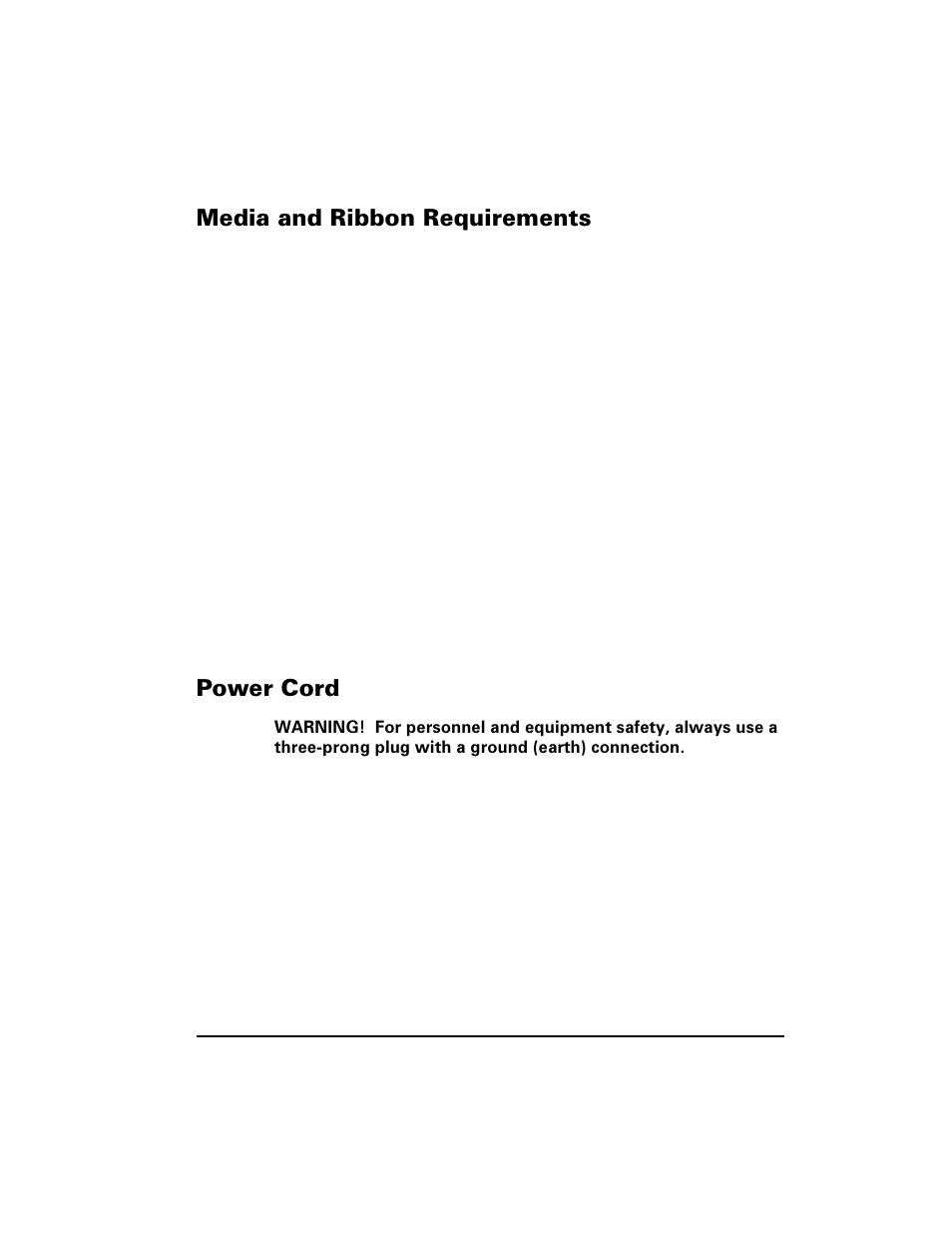 Media and ribbon requirements, Power cord, Media and ribbon requirements power cord | 0hgld dqg 5leerq 5htxluhphqwv, 3rzhu &rug | Zebra Technologies XiIII Series User Manual | Page 11 / 116