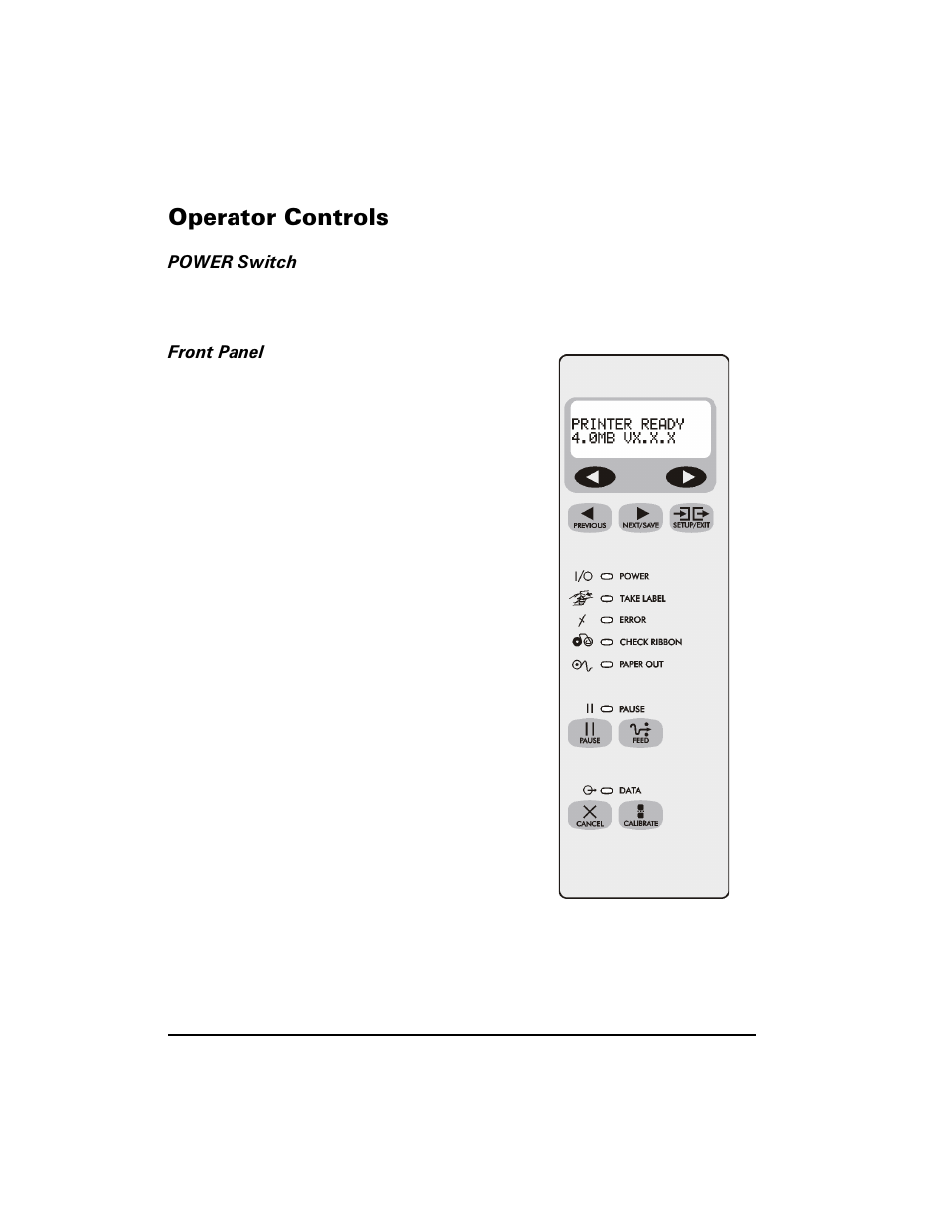 Operator controls, Power switch, Front panel | Power switch front panel, 2shudwru &rqwurov | Zebra Technologies XiIII Series User Manual | Page 22 / 116