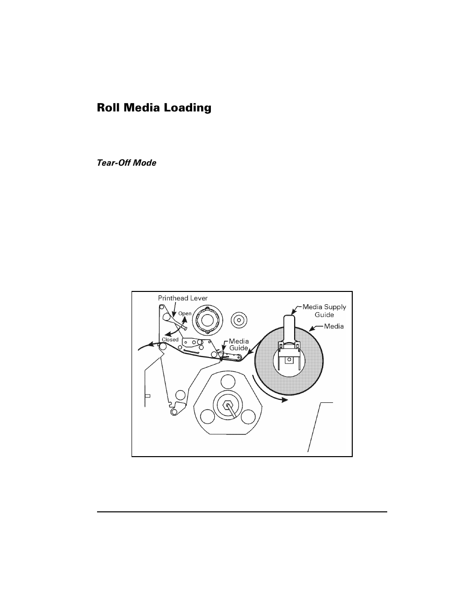 Roll media loading, Tear-off mode, 5roo 0hgld /rdglqj | Zebra Technologies XiIII Series User Manual | Page 35 / 116