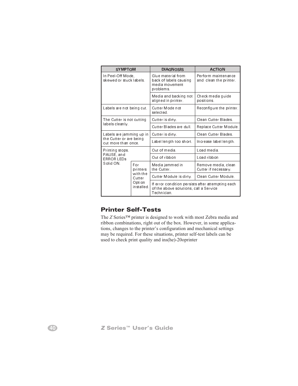 Configuration label 39, Printer configuration label 39, Printer self-tests | 40 z series™ user’s guide | Zebra Technologies Z6000 User Manual | Page 48 / 98