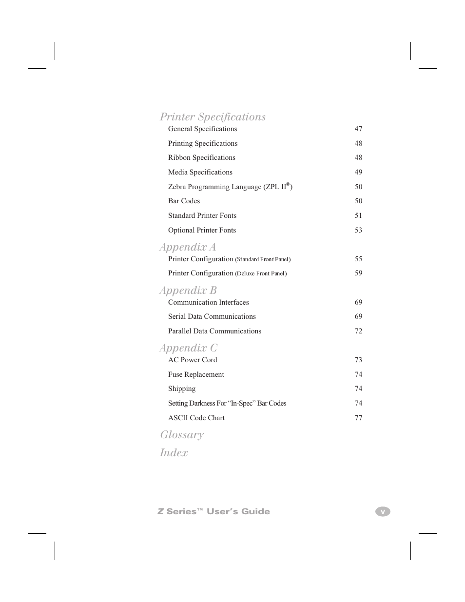 Printer specifications, Appendix a, Appendix b | Appendix c, Glossary index | Zebra Technologies Z6000 User Manual | Page 7 / 98