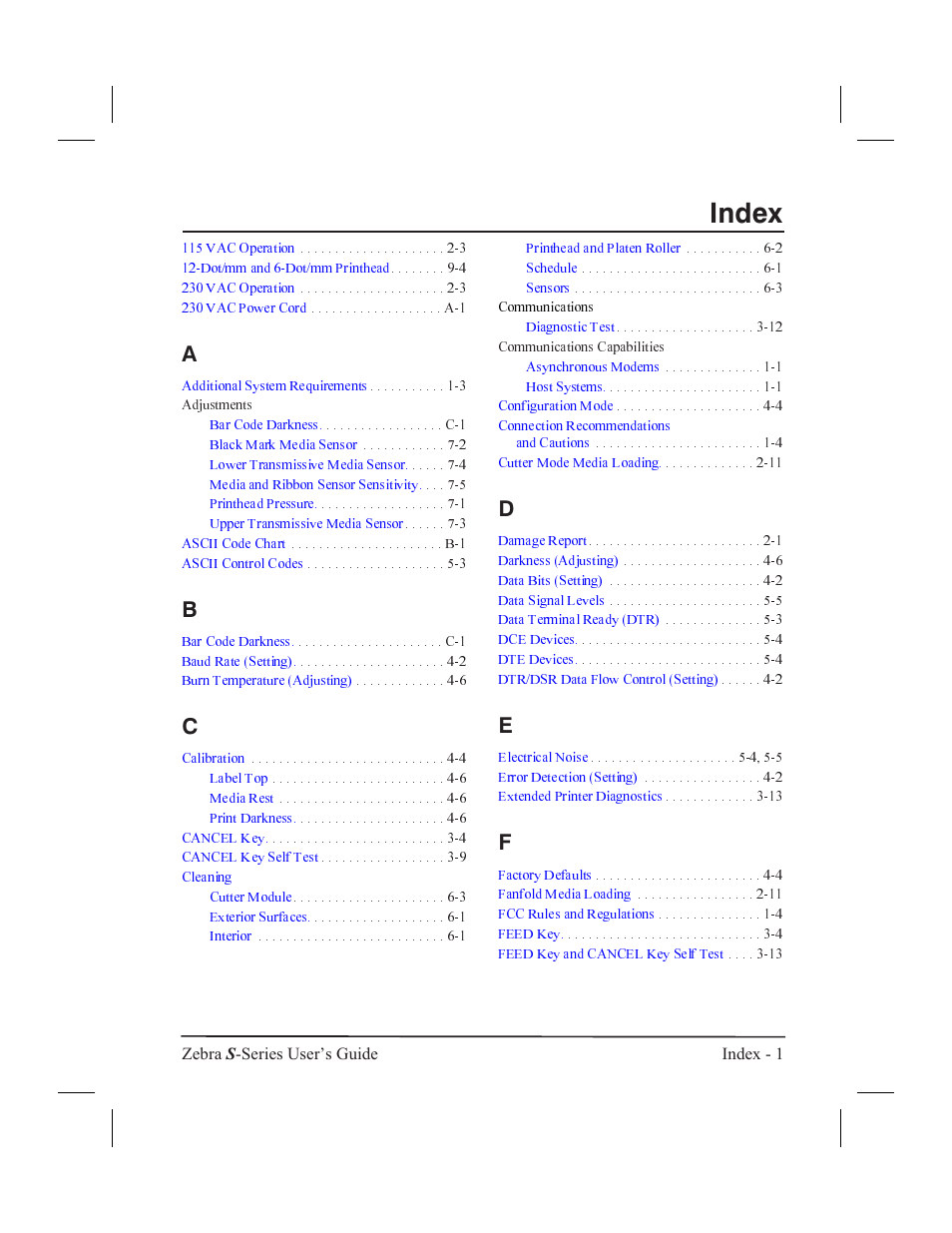 Index | Zebra Technologies 160S User Manual | Page 102 / 106