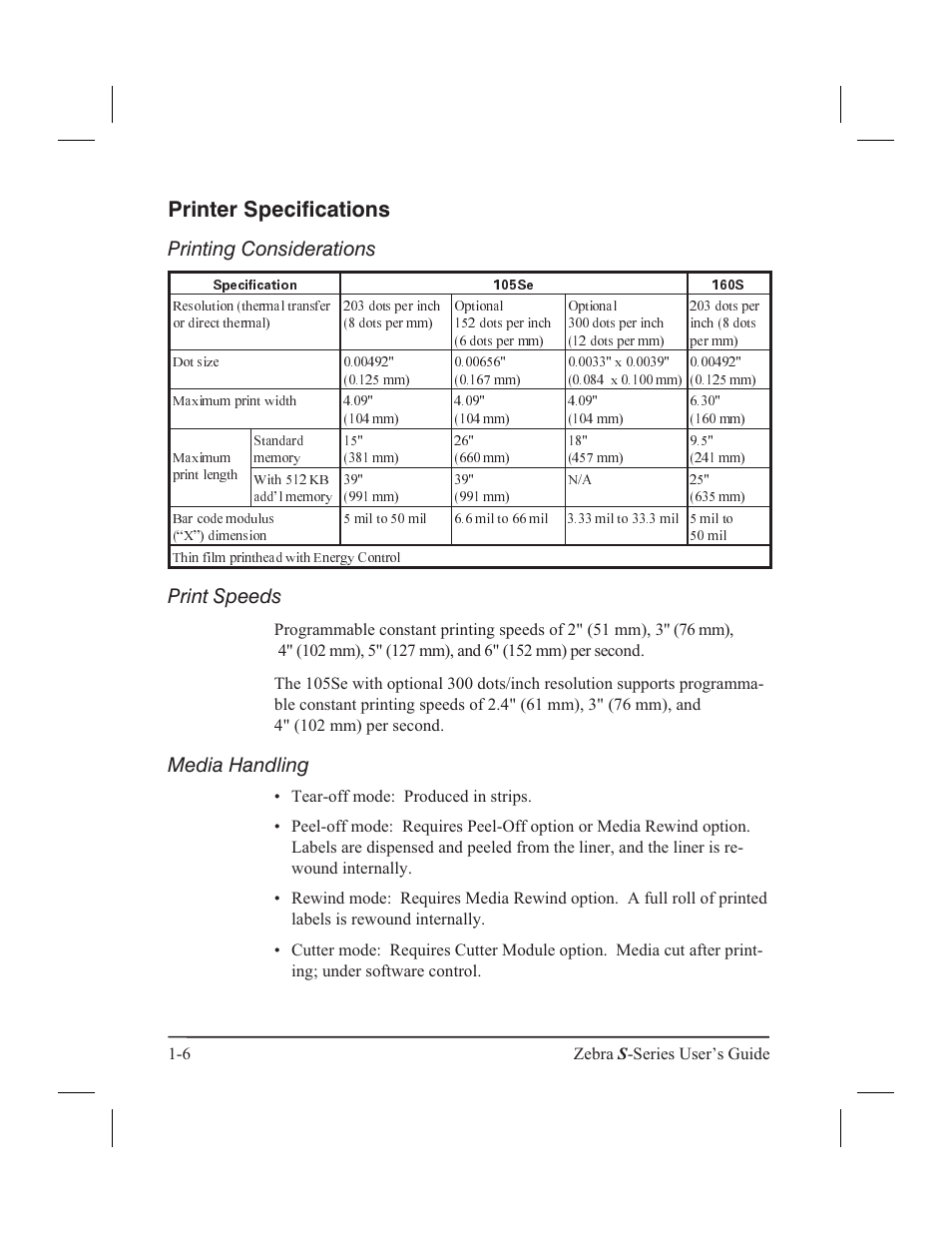 Printer specifications, Printing considerations, Print speeds | Media handling | Zebra Technologies 160S User Manual | Page 15 / 106