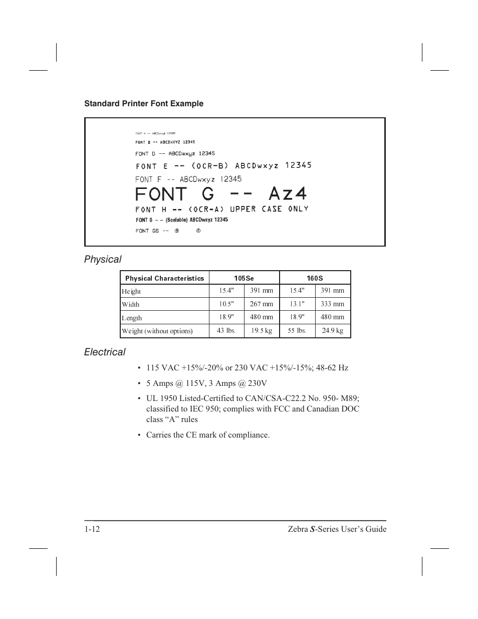 Parallel 1-13, Rs-232 1-13, Standard printer font example | Physical, Electrical | Zebra Technologies 160S User Manual | Page 21 / 106
