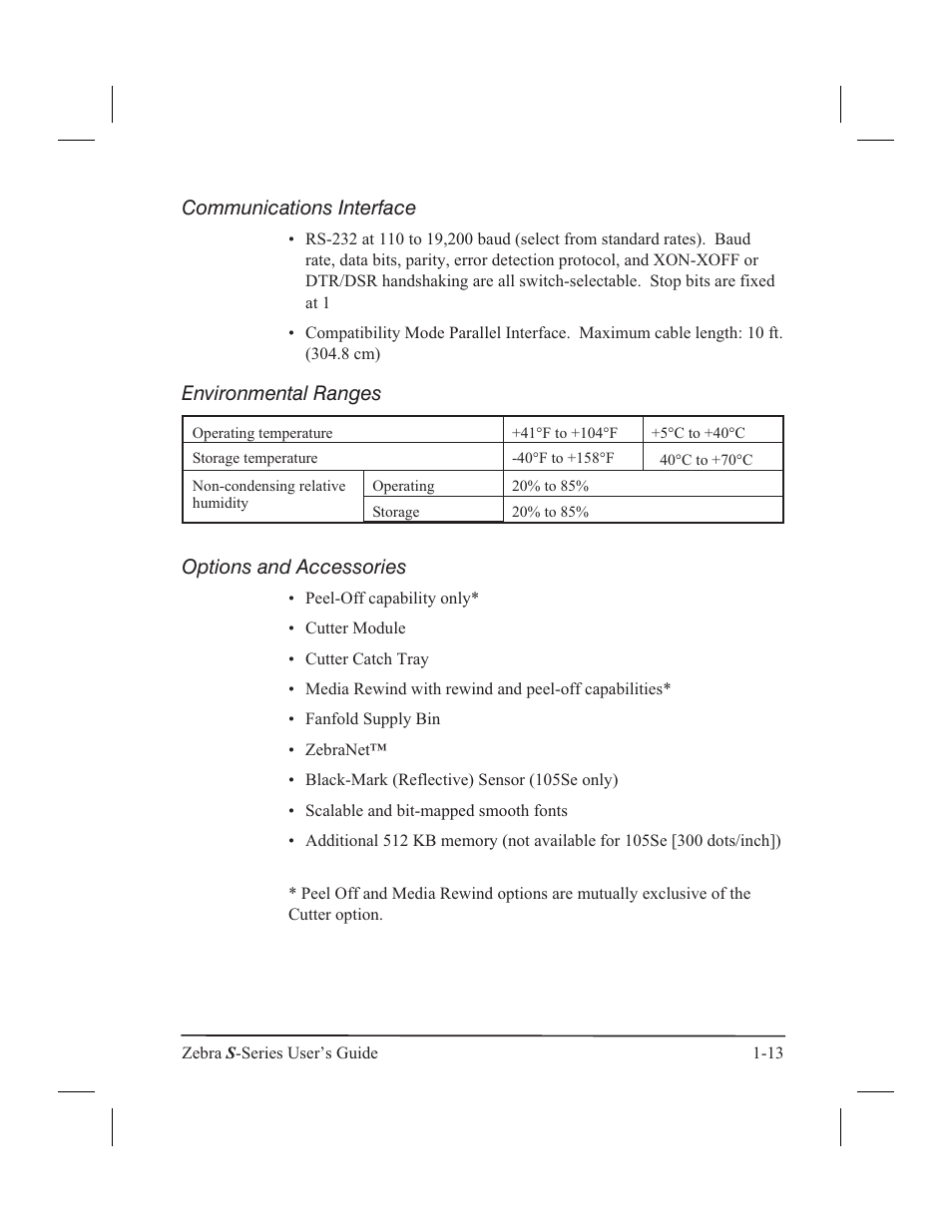 Communications interface, Environmental ranges, Options and accessories | Zebra Technologies 160S User Manual | Page 22 / 106