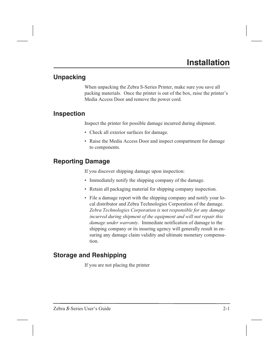 Voltage selection 2-2, Unpacking, Inspection | Reporting damage, Storage and reshipping, Installation | Zebra Technologies 160S User Manual | Page 24 / 106