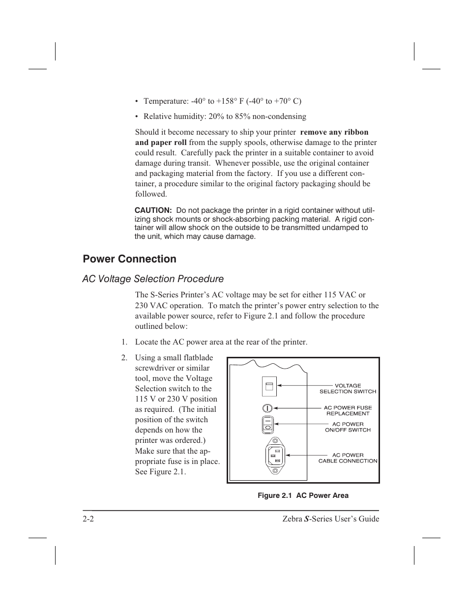 230 vac operation 2-3, 115 operation 2-3, 230 operation 2-3 | Fuse replacement 2-3, Power connection, Ac voltage selection procedure | Zebra Technologies 160S User Manual | Page 25 / 106