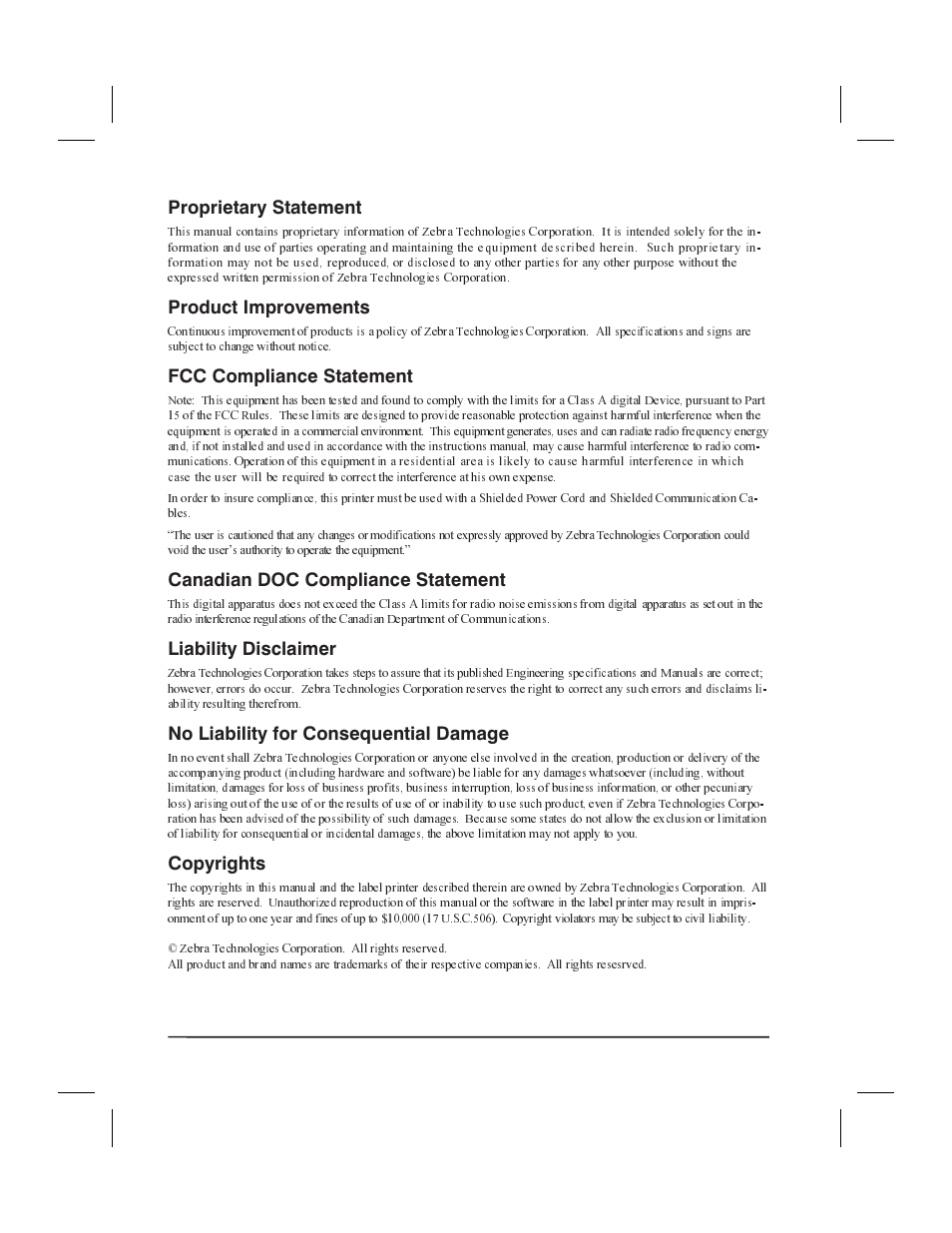 Proprietary statement, Product improvements, Fcc compliance statement | Canadian doc compliance statement, Liability disclaimer, No liability for consequential damage, Copyrights | Zebra Technologies 160S User Manual | Page 3 / 106