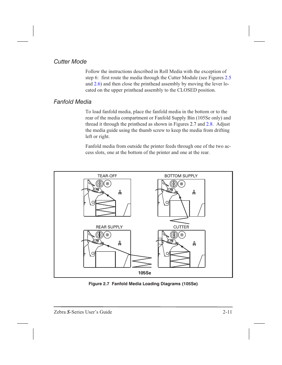 105se 2-12, Cutter mode, Fanfold media | Zebra Technologies 160S User Manual | Page 34 / 106