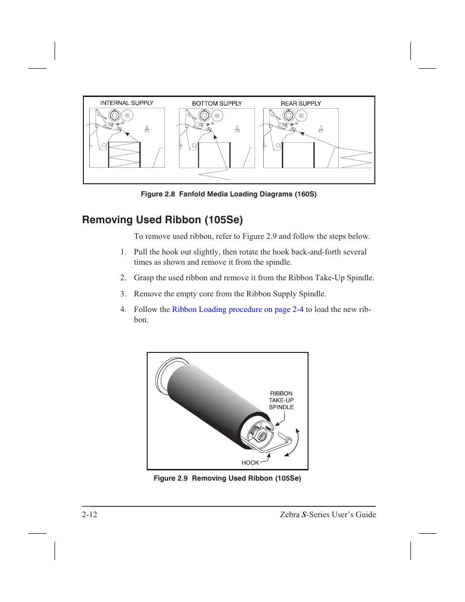 160s 2-13, Removing used ribbon (105se) | Zebra Technologies 160S User Manual | Page 35 / 106