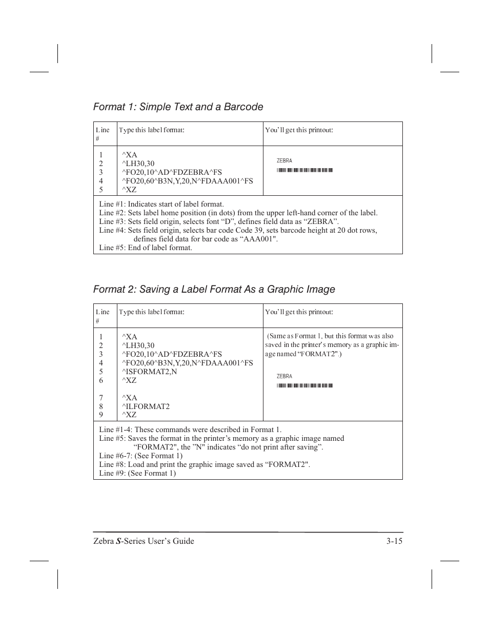 Format 1: simple text and a barcode, Format 2: saving a label format as a graphic image | Zebra Technologies 160S User Manual | Page 52 / 106