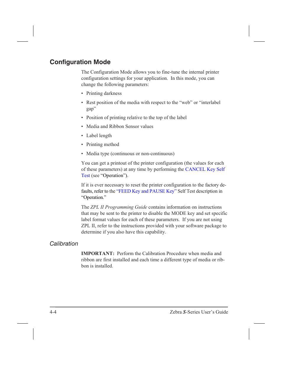Configuration mode, Calibration | Zebra Technologies 160S User Manual | Page 57 / 106