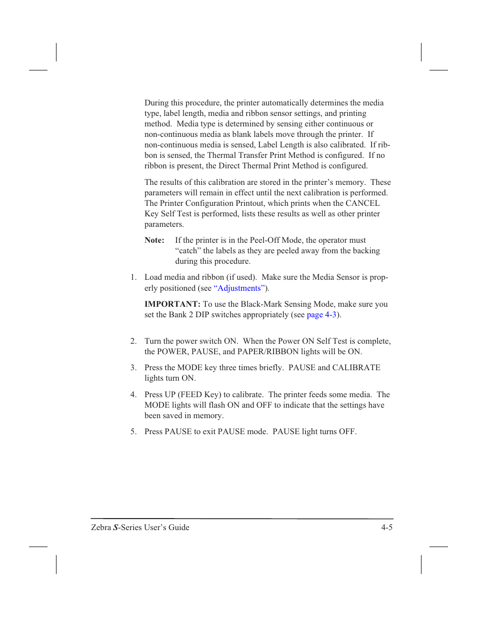 Burn temperature (adjusting) 4-6, Label top 4-6, Media rest 4-6 | Print darkness 4-6, Darkness (adjusting) 4-6, Label top (adjusting) 4-6, Media rest position (adjusting) 4-6, Print darkness (adjusting) 4-6 | Zebra Technologies 160S User Manual | Page 58 / 106