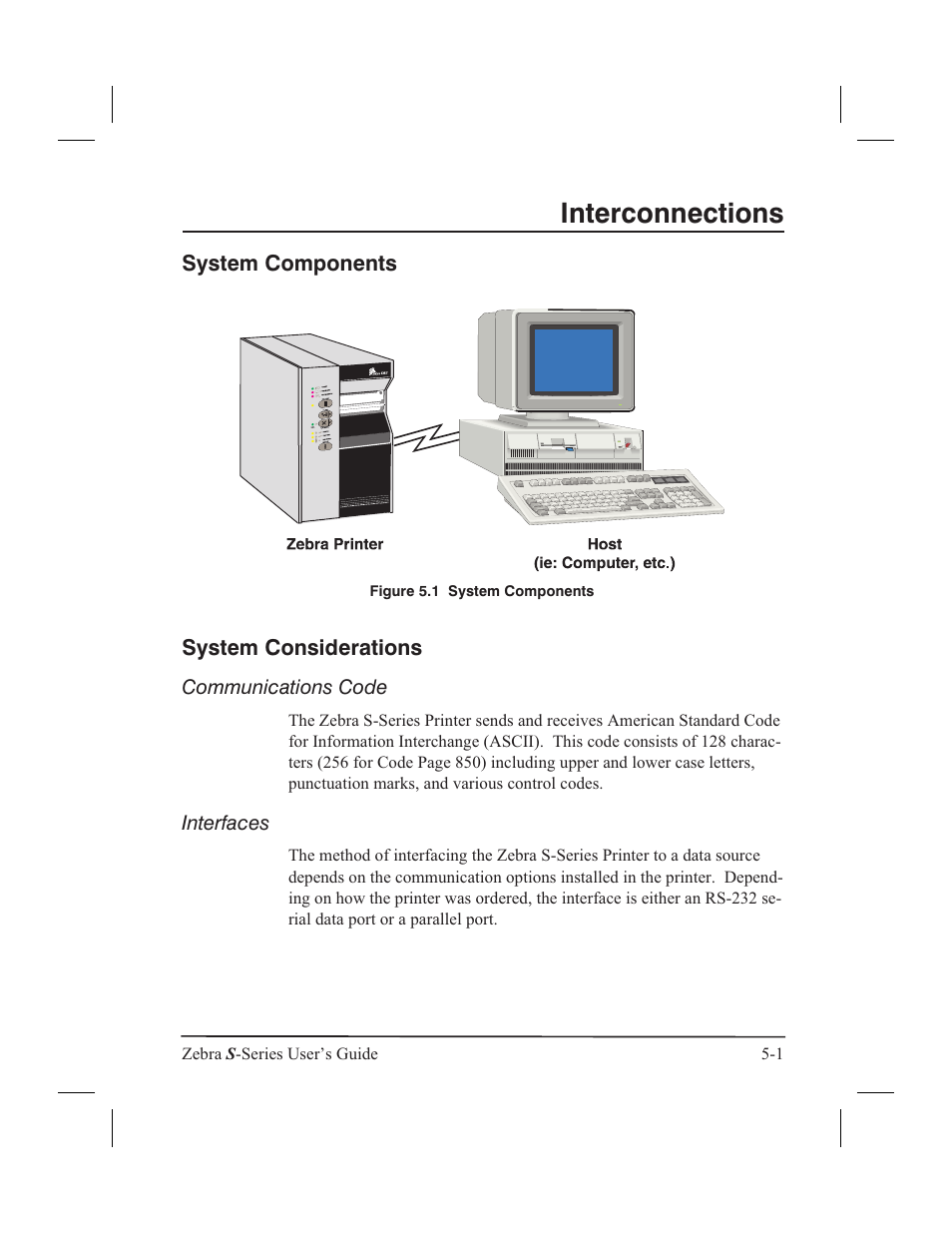 Eia rs-232 and ccitt v.24 5-2, Rs-232 pinouts 5-2, Serial data port 5-2 | Data specifications 5-2, System components, System considerations, Communications code, Interfaces, Interconnections | Zebra Technologies 160S User Manual | Page 60 / 106