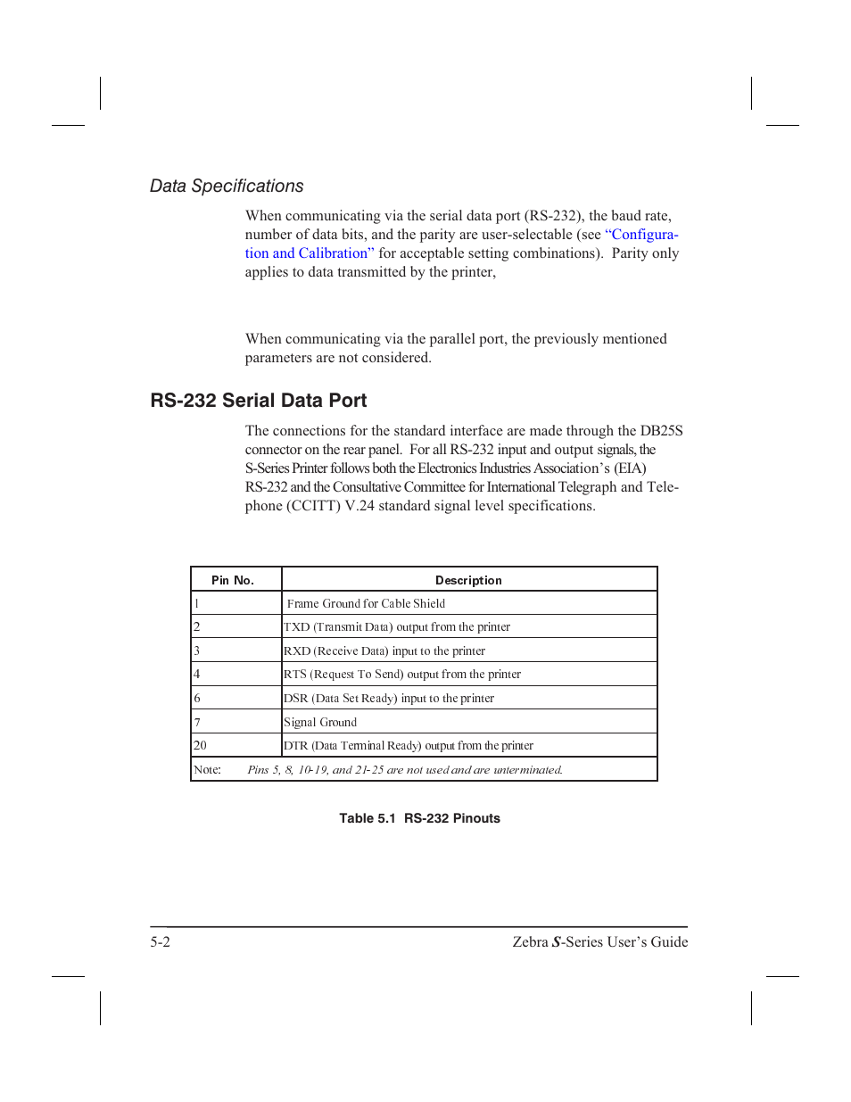 Ascii control codes 5-3, Data terminal ready (dtr) 5-3, Data specifications | Rs-232 serial data port | Zebra Technologies 160S User Manual | Page 61 / 106