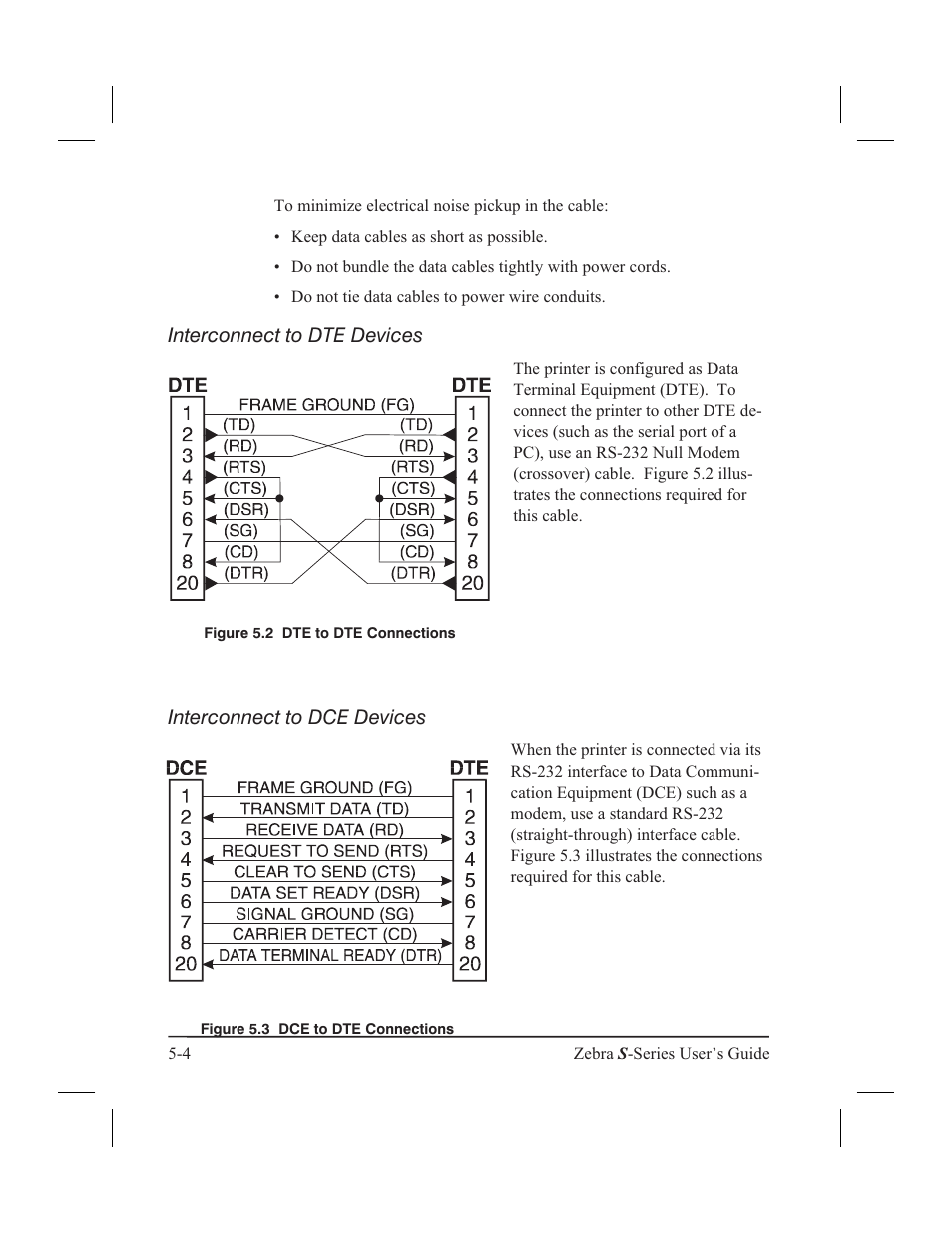 Data signal levels 5-5, Parallel cabling requirements 5-5, Parallel interface 5-5 | Interconnect to dte devices, Interconnect to dce devices | Zebra Technologies 160S User Manual | Page 63 / 106