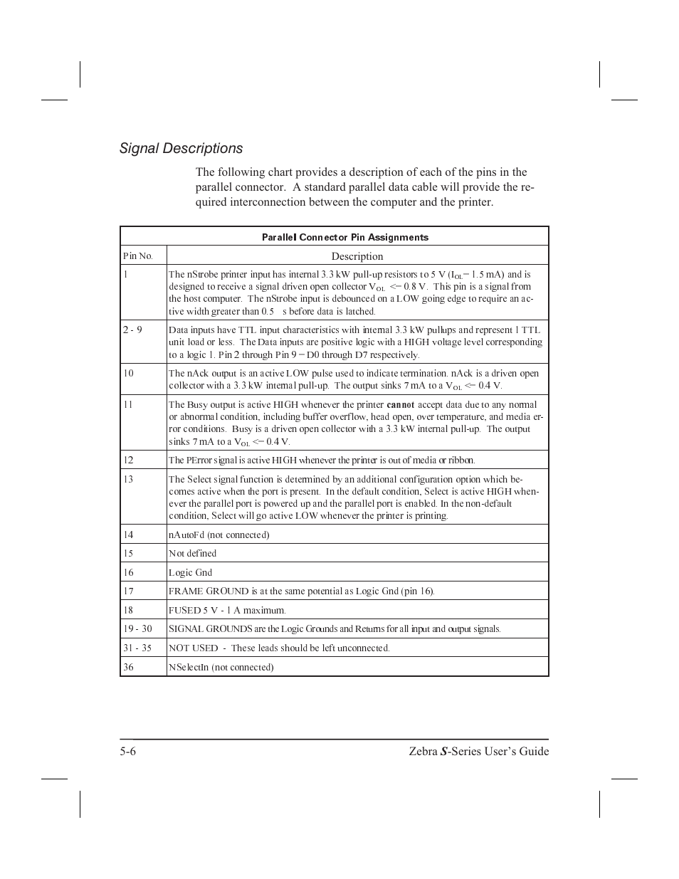 Exterior surfaces 6-1, Interior 6-1, Signal descriptions | Zebra Technologies 160S User Manual | Page 65 / 106