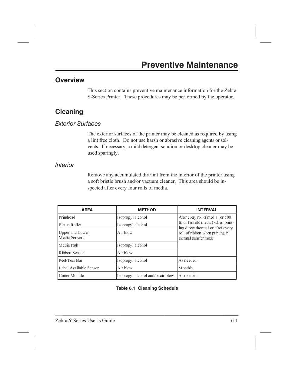 Printhead and platen roller 6-2, Overview, Cleaning | Exterior surfaces, Interior, Preventive maintenance | Zebra Technologies 160S User Manual | Page 66 / 106
