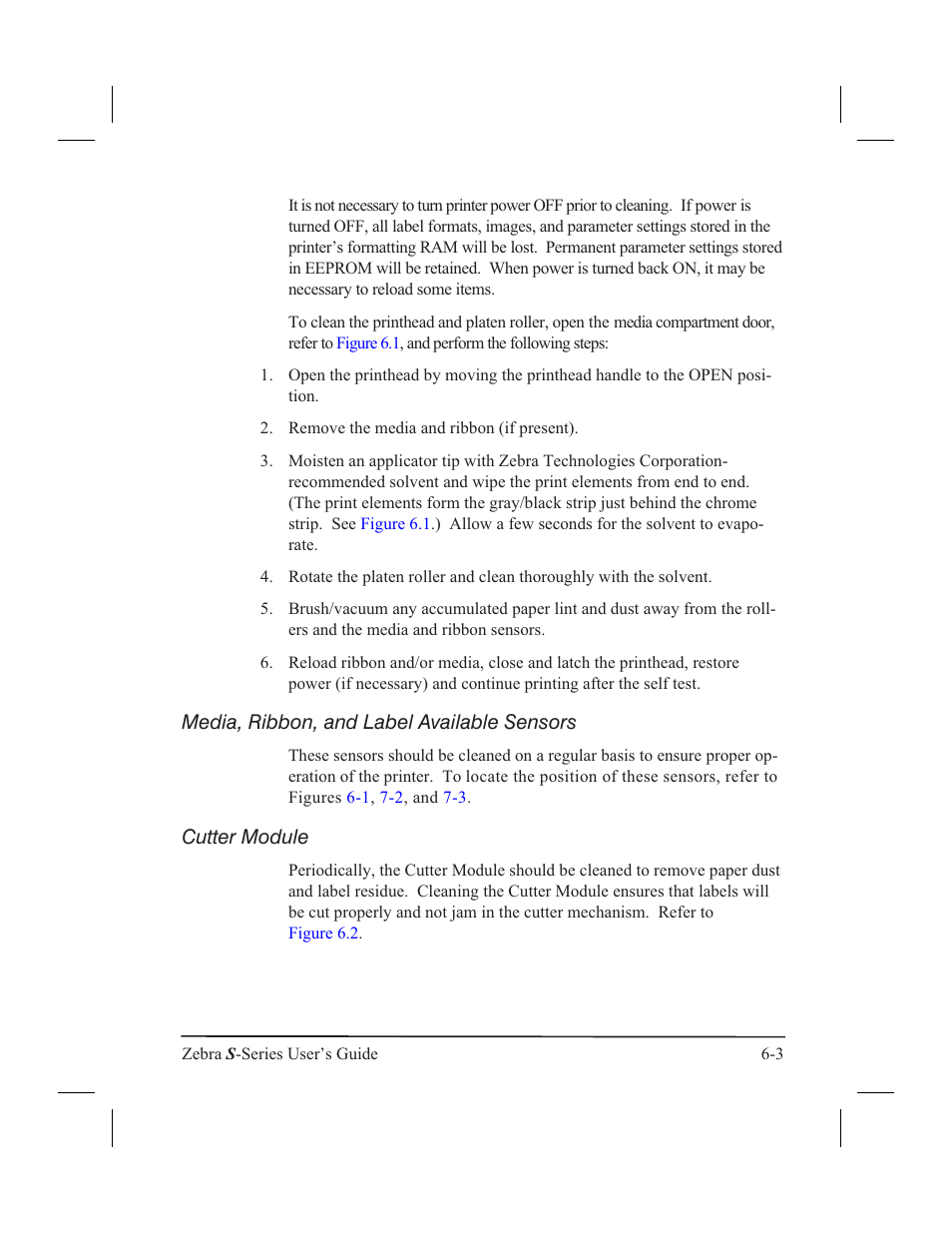 Lubrication 6-4, Media, ribbon, and label available sensors, Cutter module | Zebra Technologies 160S User Manual | Page 68 / 106