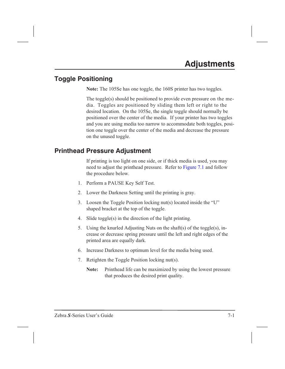 Black mark media sensor 7-2, Toggle positioning, Printhead pressure adjustment | Adjustments | Zebra Technologies 160S User Manual | Page 70 / 106