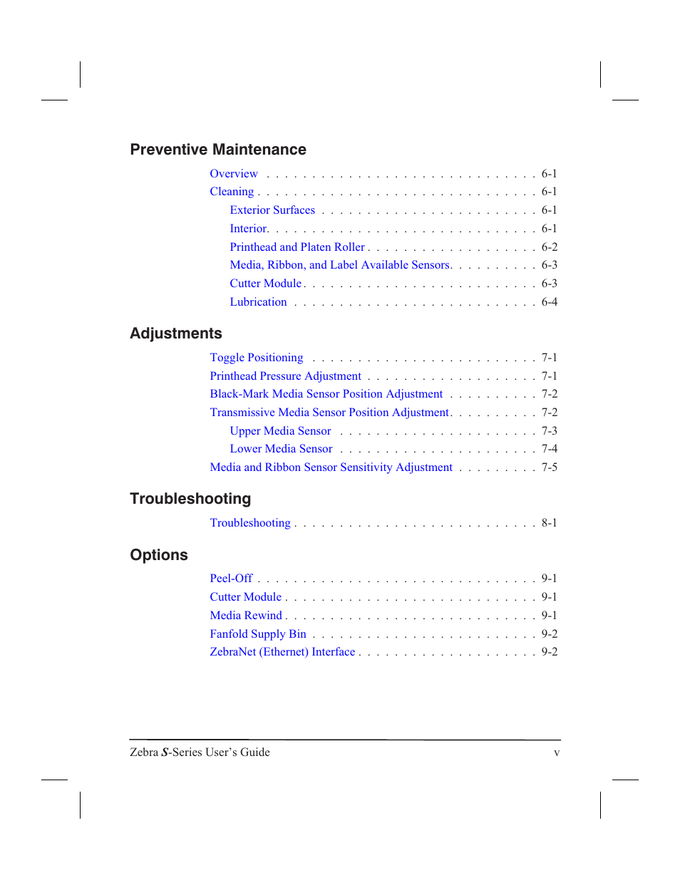 Preventive maintenance, Adjustments, Troubleshooting | Options | Zebra Technologies 160S User Manual | Page 8 / 106