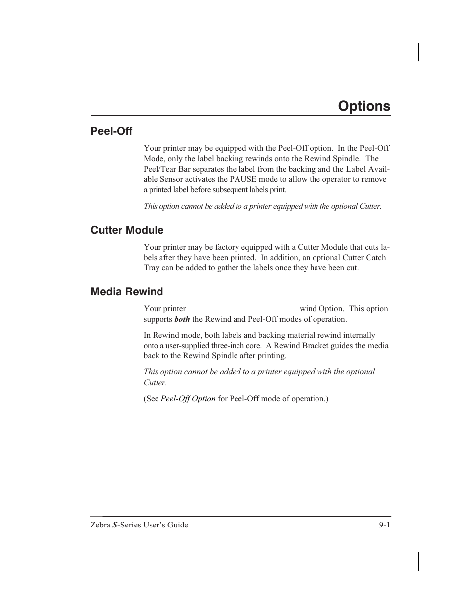 Black mark sensor 9-2, Fanfold media bin 9-2, Fanfold supply bin 9-2 | Zebranet 9-2, Peel-off, Cutter module, Media rewind, Options | Zebra Technologies 160S User Manual | Page 82 / 106