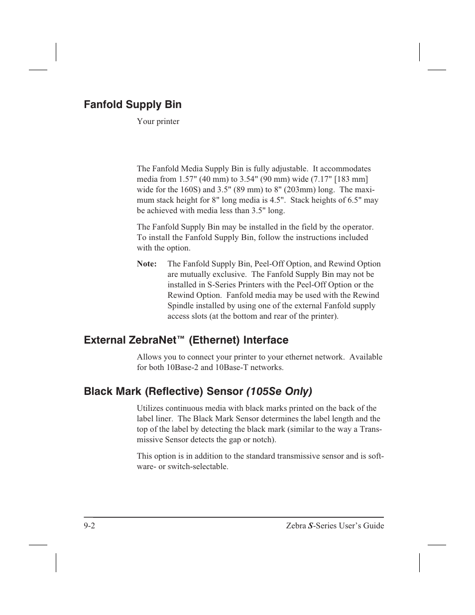 230 vac factory setup 9-3, Fonts 9-3, Fanfold supply bin | Zebranet (ethernet) interface, Black-mark (reflective) sensor (105se only), External zebranet™ (ethernet) interface, Black mark (reflective) sensor (105se only) | Zebra Technologies 160S User Manual | Page 83 / 106