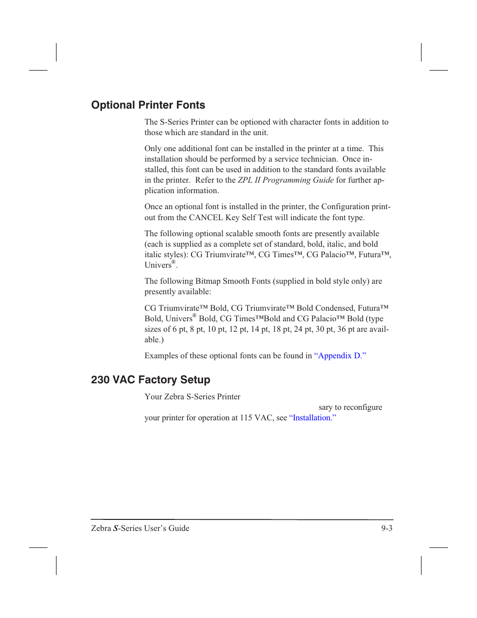 Dot/mm and 6-dot/mm printhead 9-4, Memory option 9-4, Memory 9-4 | Printheads 9-4, Optional printer fonts, 230 vac factory setup | Zebra Technologies 160S User Manual | Page 84 / 106