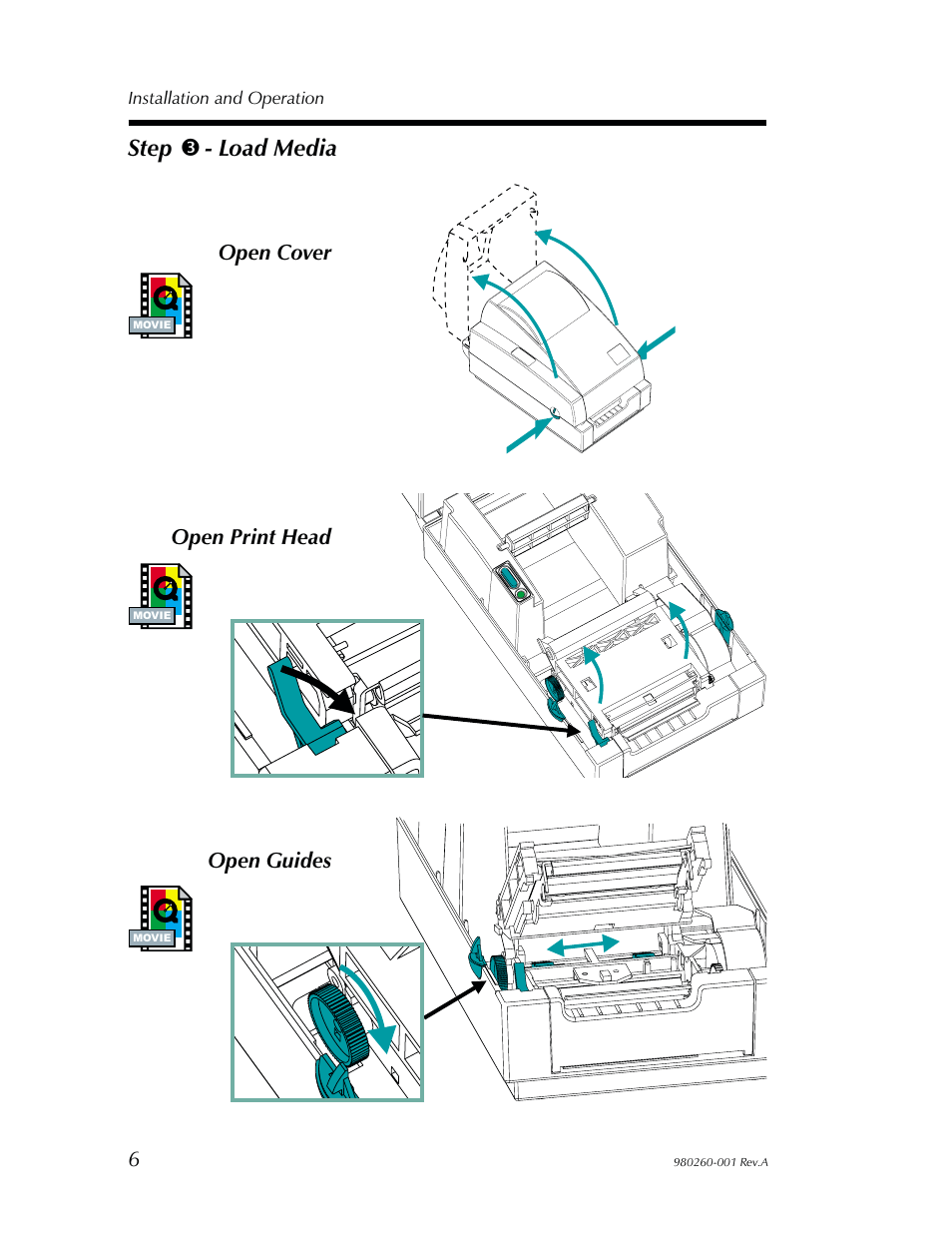 Step 3 - load media, Open cover open print head open guides | Zebra Technologies 2722 User Manual | Page 12 / 30