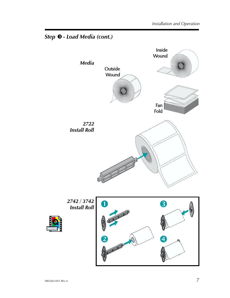 Step 3 - load media (cont.), 2722 install roll media, Installation and operation | Zebra Technologies 2722 User Manual | Page 13 / 30