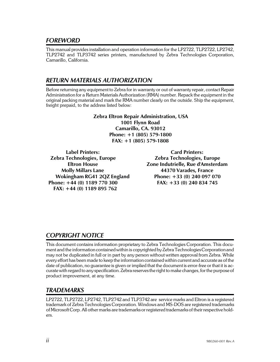 Foreword, Return materials authorization, Copyright notice | Trademarks | Zebra Technologies 2722 User Manual | Page 2 / 30