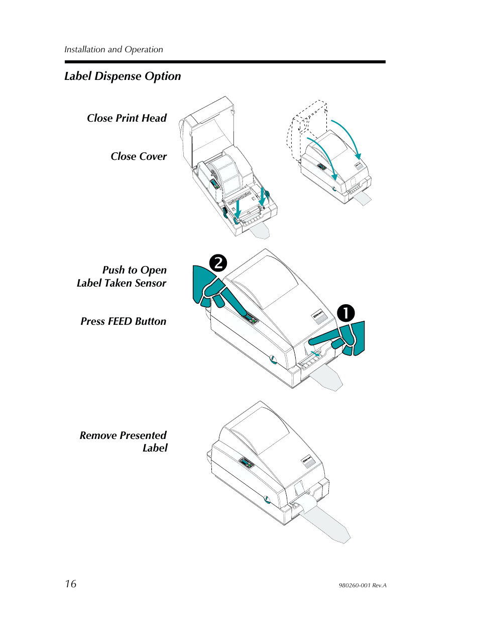 Label dispense option, Close print head close cover, Push to open label taken sensor press feed button | Remove presented label | Zebra Technologies 2722 User Manual | Page 22 / 30