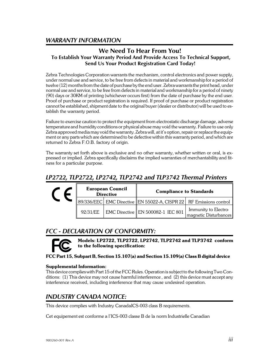 Warranty information we need to hear from you, Fcc - declaration of conformity, Industry canada notice | Zebra Technologies 2722 User Manual | Page 3 / 30