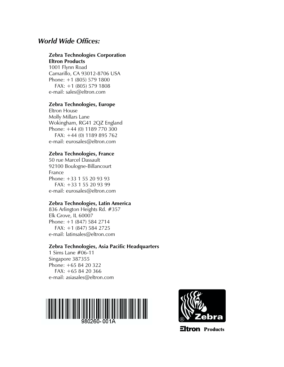 World wide offices | Zebra Technologies 2722 User Manual | Page 30 / 30