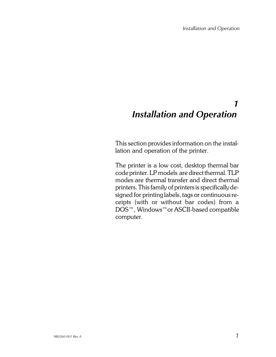 In stal la tion and op er a tion, 1installation and operation | Zebra Technologies 2722 User Manual | Page 7 / 30