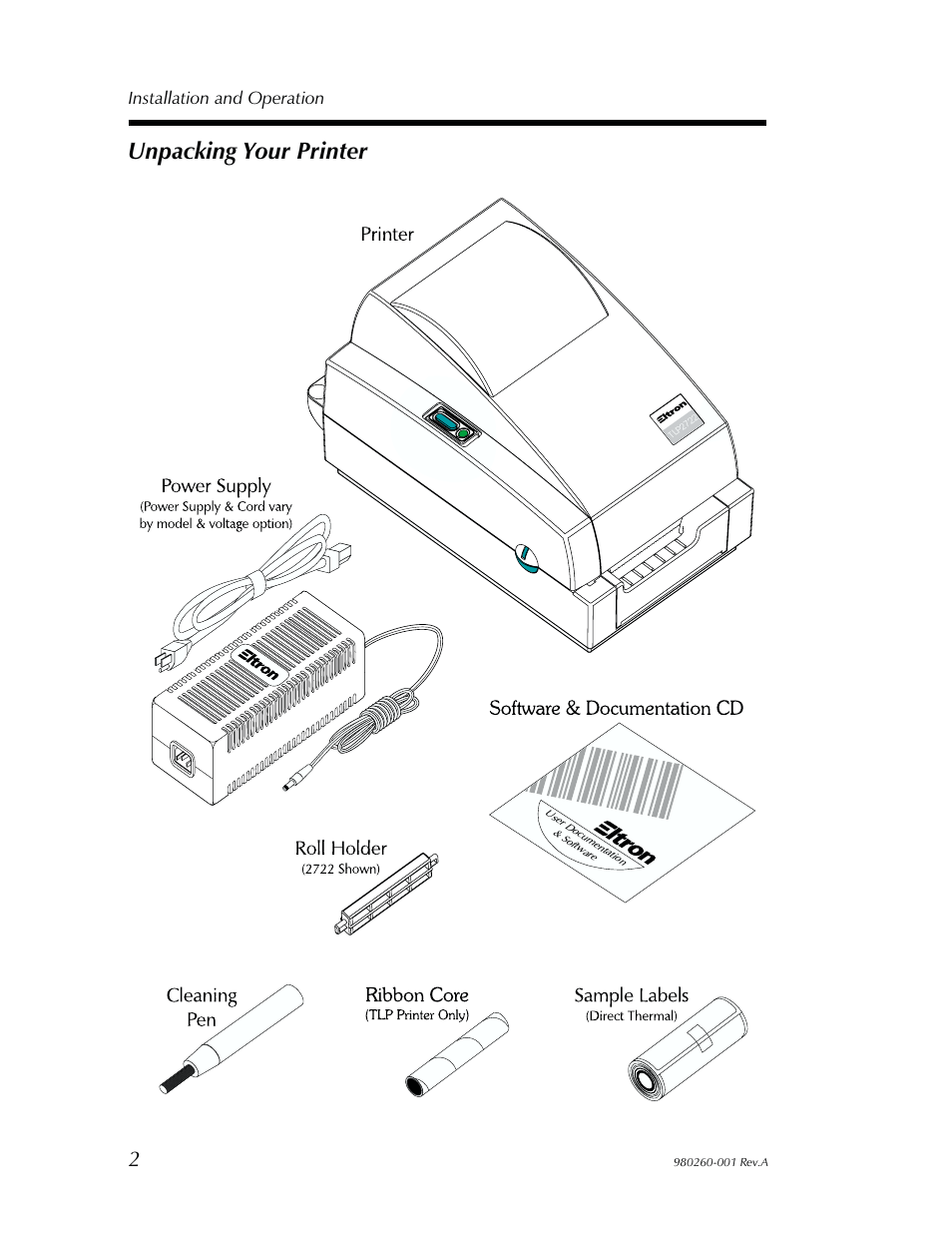 Un packing your printer 2, Unpacking your printer, Installation and operation | Zebra Technologies 2722 User Manual | Page 8 / 30