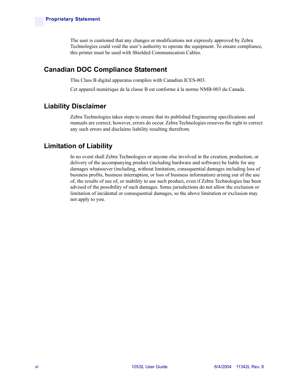 Canadian doc compliance statement, Liability disclaimer, Limitation of liability | Zebra Technologies Zebra S Series 105SL User Manual | Page 10 / 130