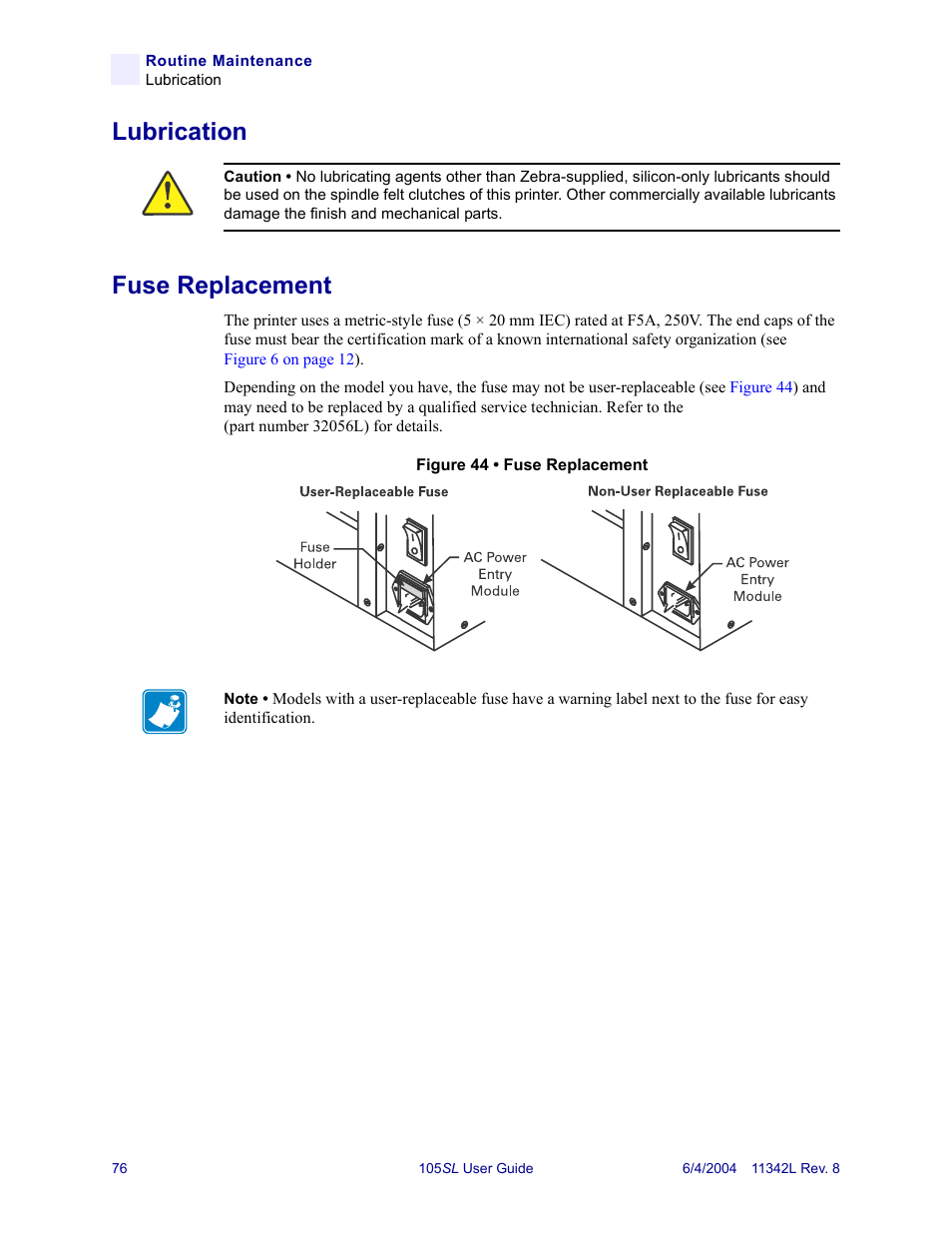Lubrication, Fuse replacement, Lubrication fuse replacement | Zebra Technologies Zebra S Series 105SL User Manual | Page 100 / 130