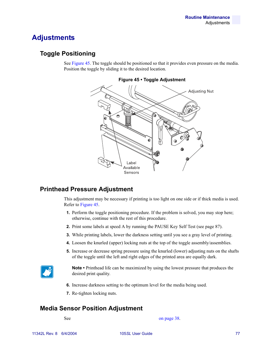 Adjustments, Toggle positioning, Printhead pressure adjustment | Media sensor position adjustment | Zebra Technologies Zebra S Series 105SL User Manual | Page 101 / 130