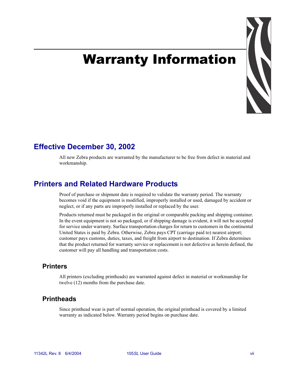 Warranty information, Printers and related hardware products | Zebra Technologies Zebra S Series 105SL User Manual | Page 11 / 130