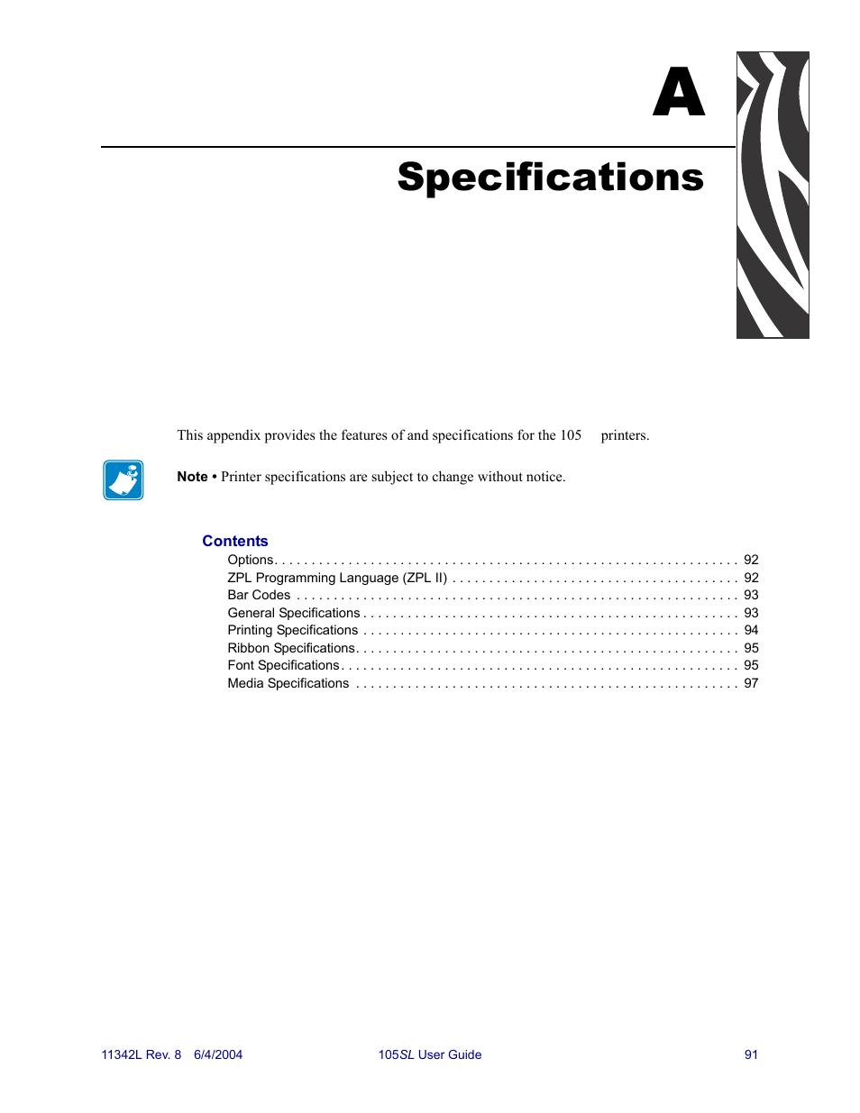 Specifications, A • specifications | Zebra Technologies Zebra S Series 105SL User Manual | Page 115 / 130