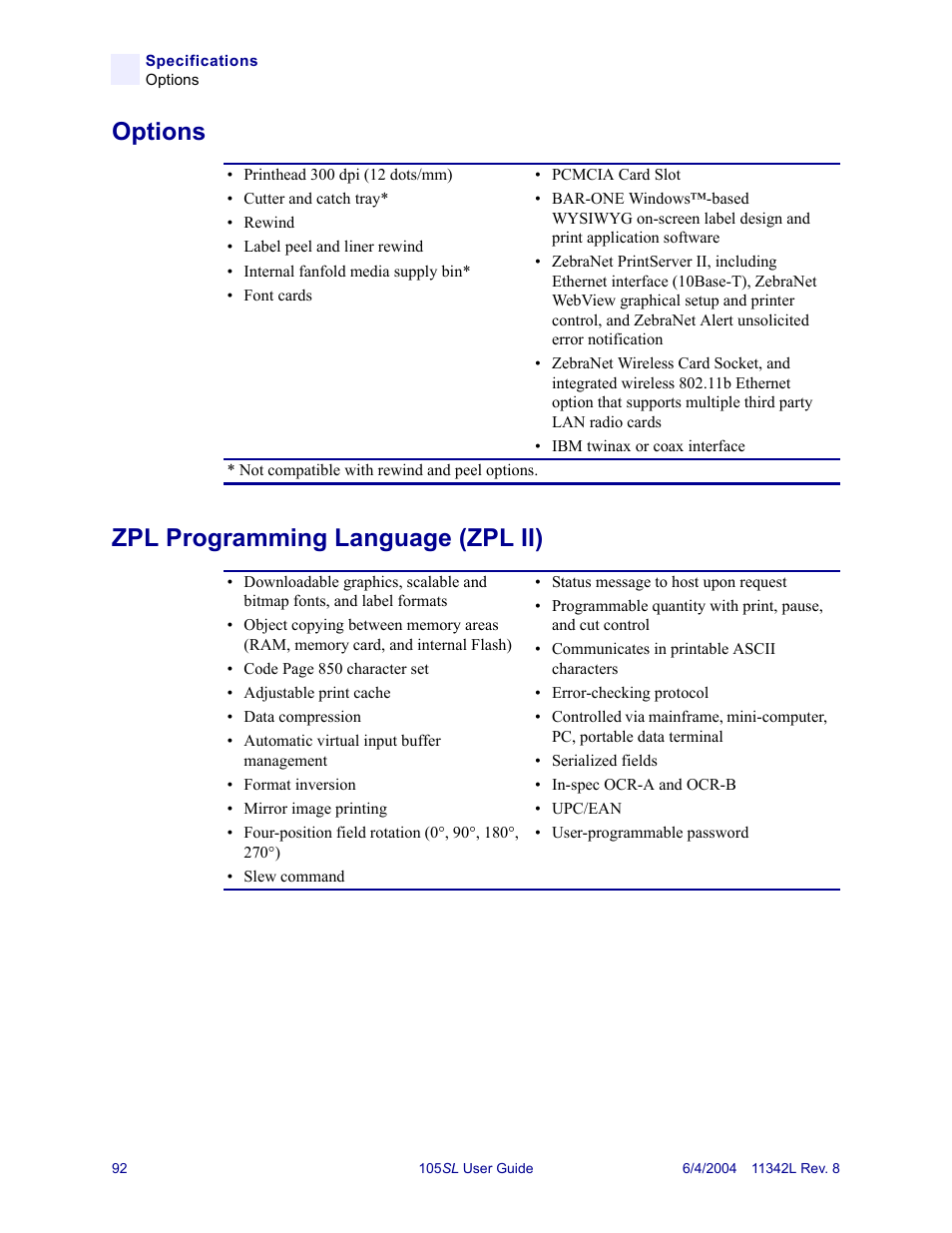 Options, Zpl programming language (zpl ii), Options zpl programming language (zpl ii) | Zebra Technologies Zebra S Series 105SL User Manual | Page 116 / 130