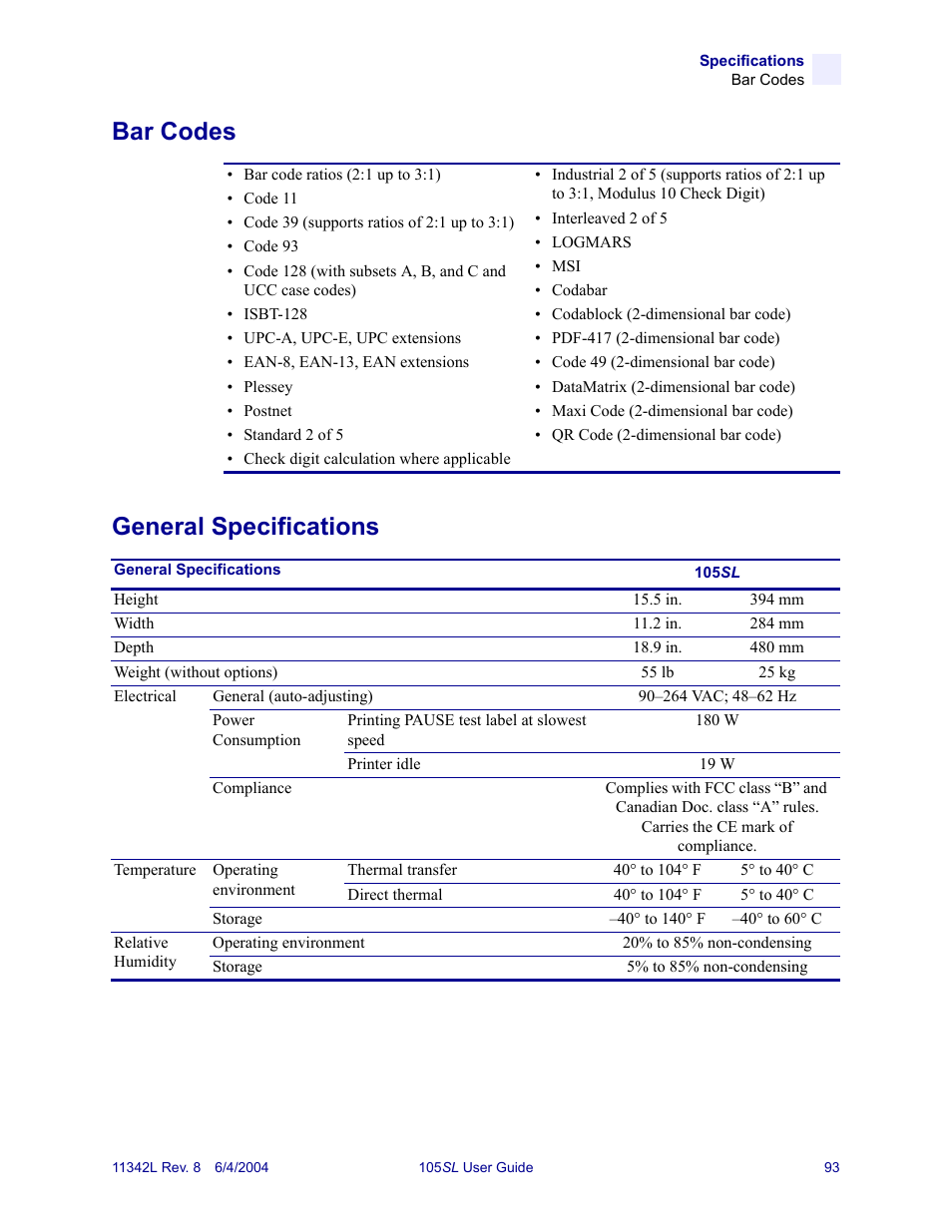 Bar codes, General specifications, Bar codes general specifications | Zebra Technologies Zebra S Series 105SL User Manual | Page 117 / 130