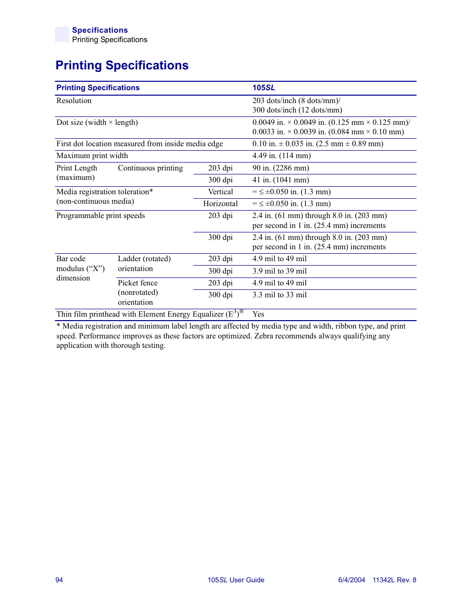 Printing specifications | Zebra Technologies Zebra S Series 105SL User Manual | Page 118 / 130