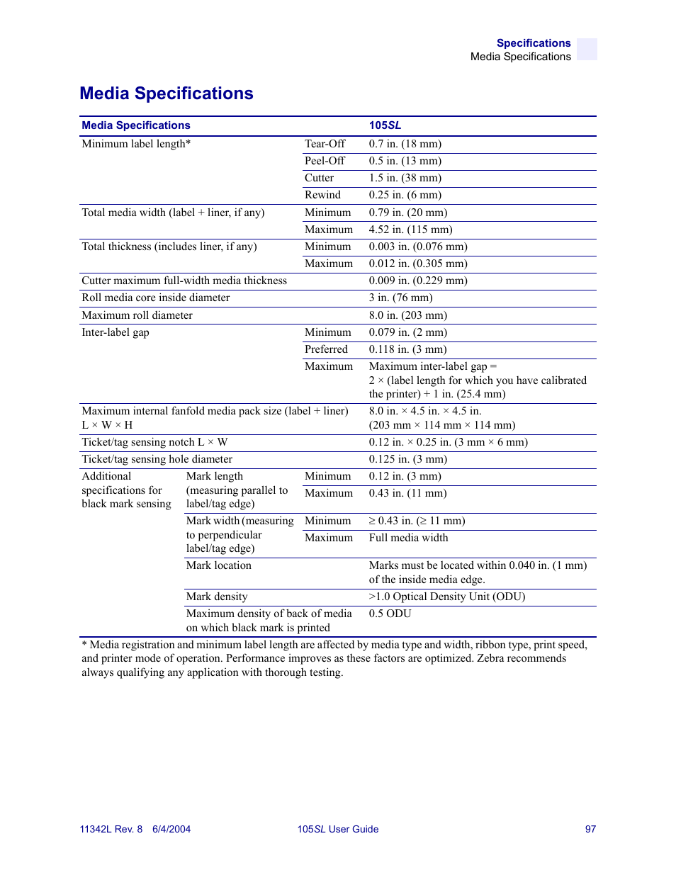 Media specifications | Zebra Technologies Zebra S Series 105SL User Manual | Page 121 / 130