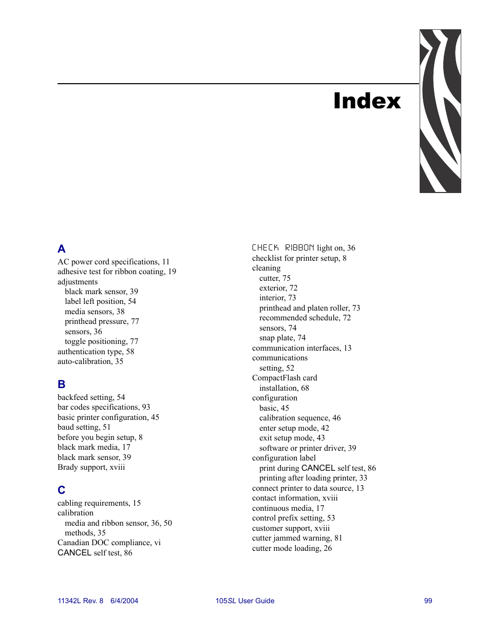 Index | Zebra Technologies Zebra S Series 105SL User Manual | Page 123 / 130